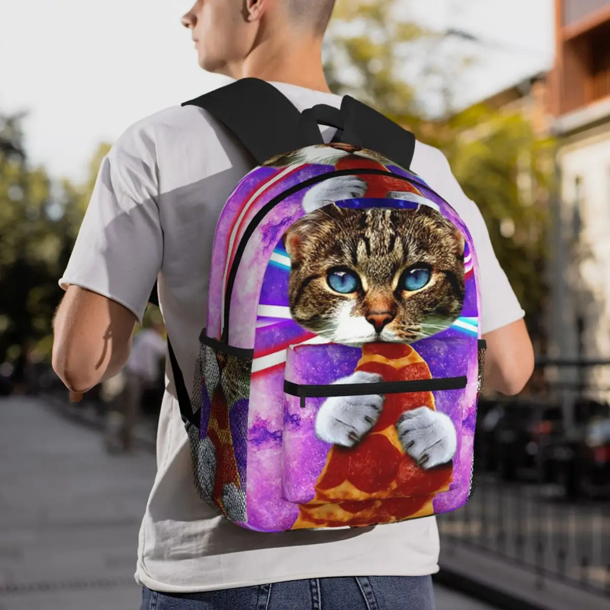 Space Cat Pizza Eating Backpack Student BookBag Children School Bag Computer Shoulder Bags for Men Women