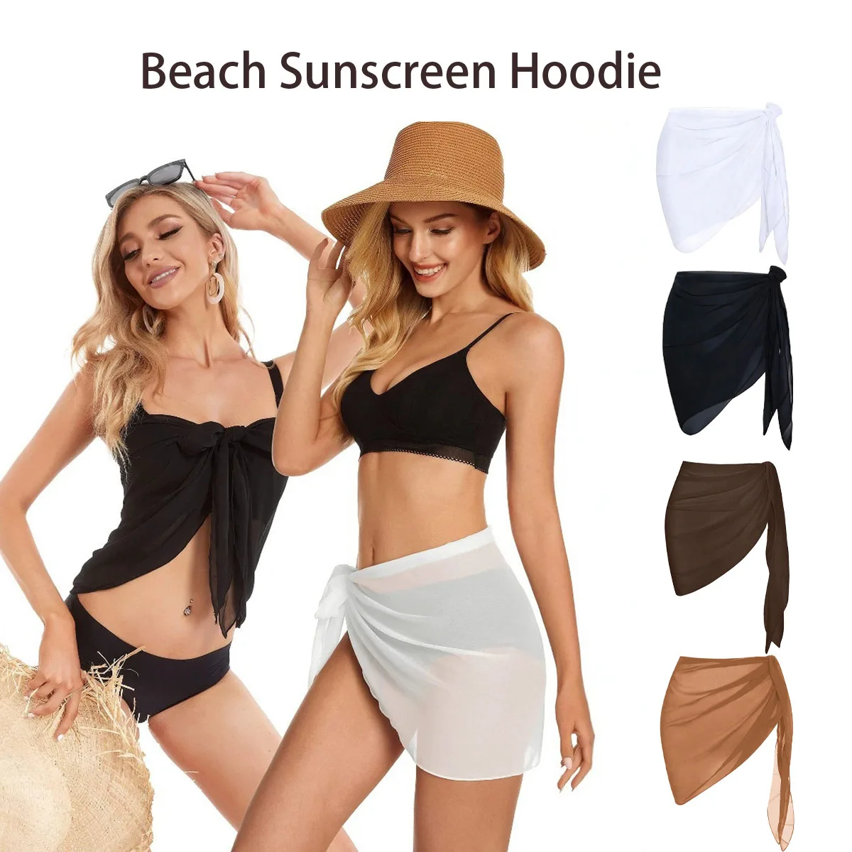 

Summer Beach Swimming Hoodie Skirt for Women Solid Color Short Bikini Wrap Chiffon Skirt Lightweight Scarf Swimsuit Hoodie