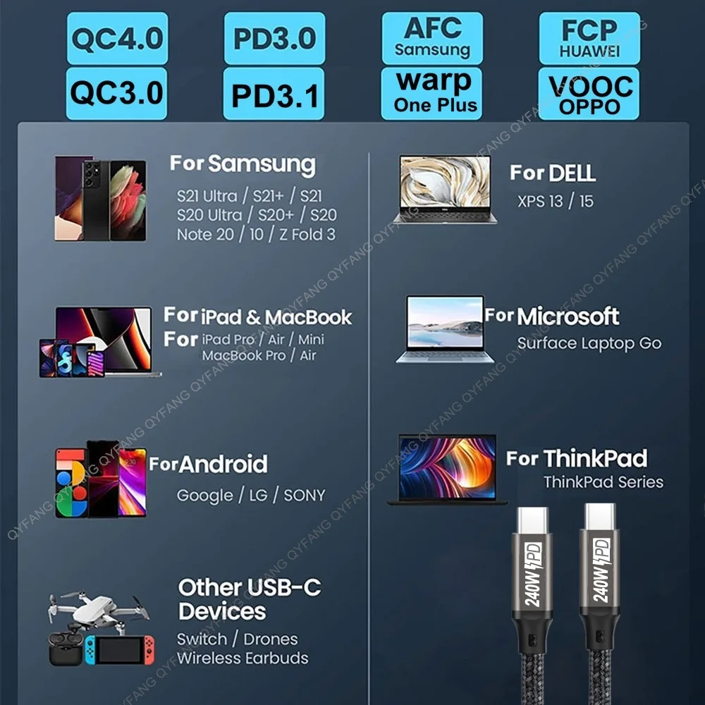 كابل PD3.1 240 واط 100 واط 60 واط نوع C كابل خط الطاقة ل PS5 نينتندو سويتش جالاكسي S22 ماك بوك شحن سريع 48V5A USB C كابل