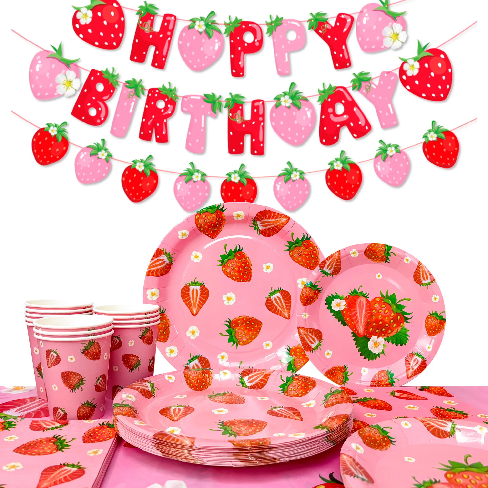 Set di stoviglie a tema fragola da 91 pezzi, stoviglie per feste di compleanno a tema fragola - piatti, tovaglioli, bicchieri, tovaglia e altro per feste di compleanno a tema fragola, stoviglie per
