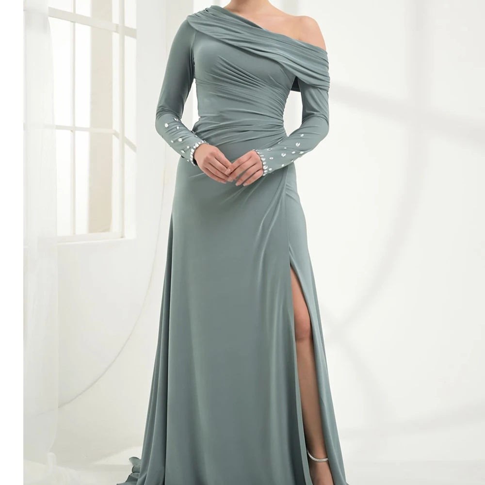 

Customized High Quality Crystal Draped Boat Neck Floor Length Side Slit Vestidos De Fiesta Straight JerseyLong Sleeves Gowns