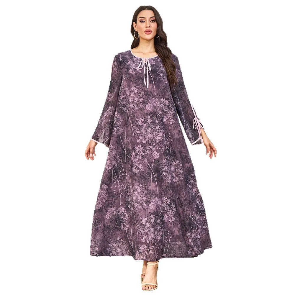 Women's New Muslim Summer Long Sleeve Simple Loose Casual Floral Plus Size Dress Robe Abaya Ramadan Dubai Luxury Islam Elegant