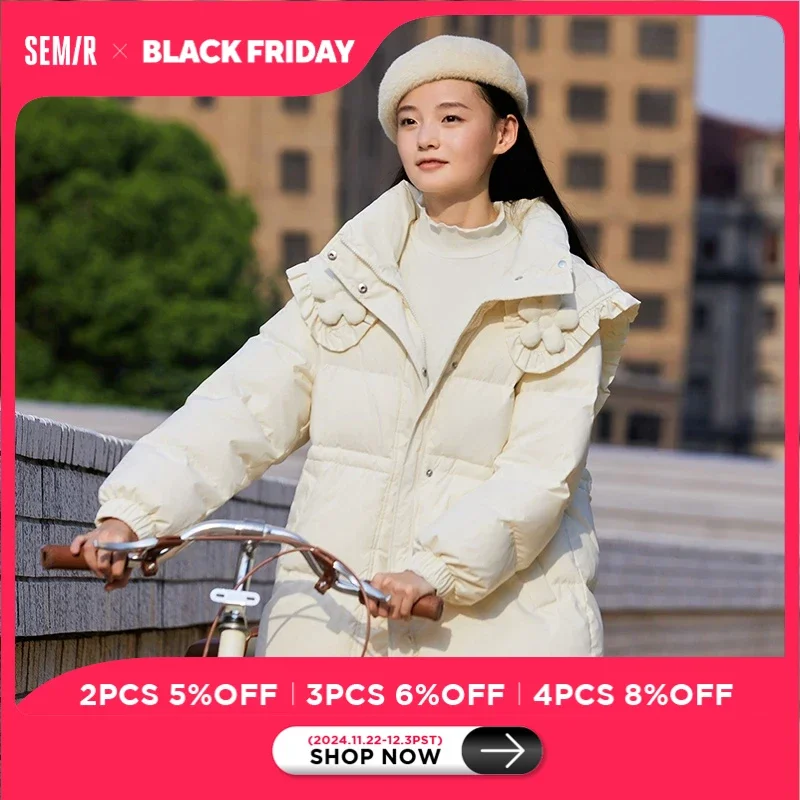 Semir Short Down Jacket Women Medium Long 2023 Winter New Design Flower Sweet Stand-Up Collar Thick Jacket