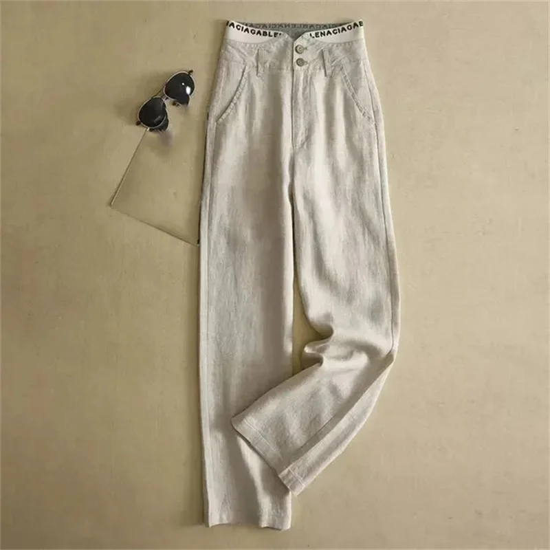 

Summer Linen Wide Leg Pants Women High Waisted Cotton And Linen Mopping Long Pantalons Ladies Letter Elastic Waist Trousers