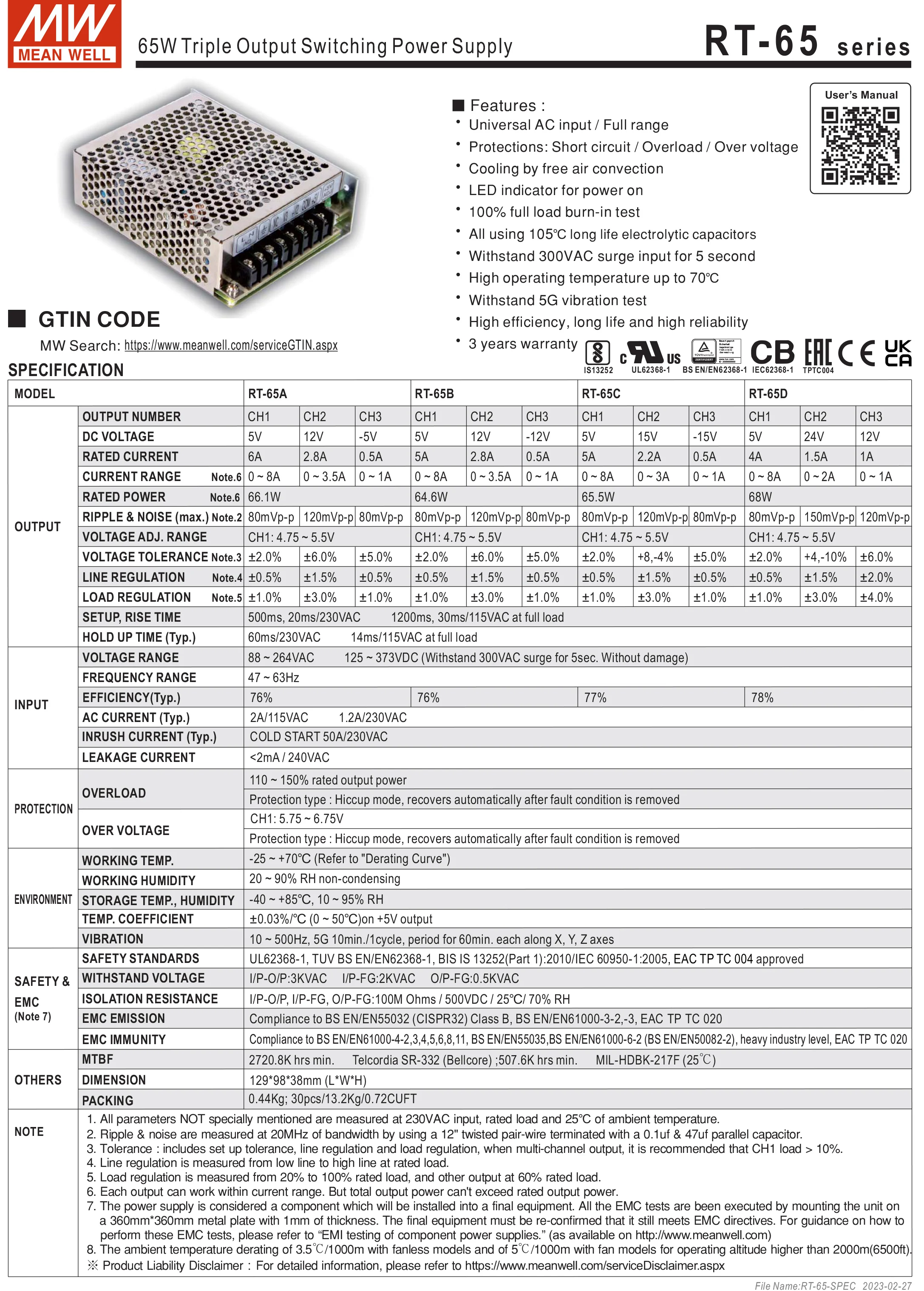 Mean Well RT-65A/65B/65C/65D  AC/DC 65W Triple Output Switching Power Supply meanwell online store