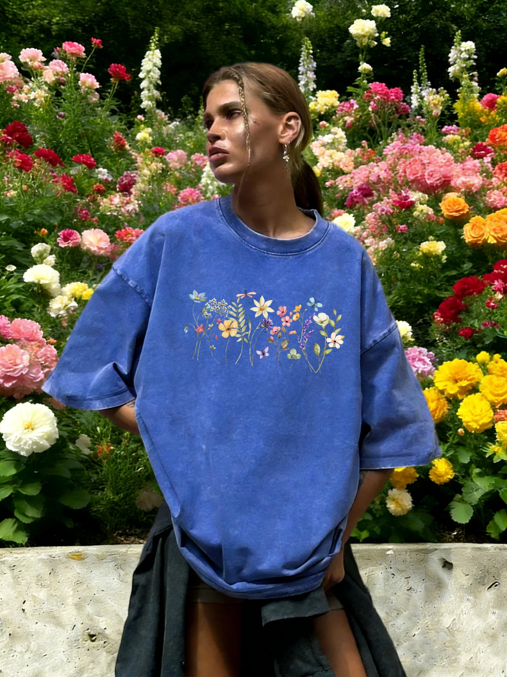 Schönes T-Shirt mit Blumen-, Schmetterlings- und Libellen-Print für Damen, gewaschenes Y2K-Baumwoll-T-Shirt, lässiges Kurzarm-Sommer-Oberteil, lockere Kleidung