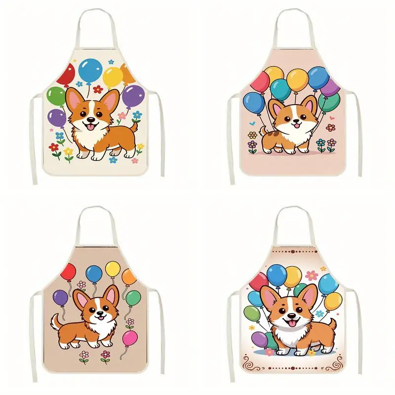 

Льняной фартук с изображением милого корги с воздушными шарами, подходит для приготовления пищи на кухне, общения родителей и детей, рисования и других мероприятий.