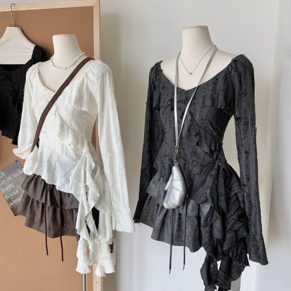 

Асимметричная тонкая футболка с оборками в стиле Харадзюку, милая сетчатая футболка с русалкой для горячих девушек, эмо, однотонная футболка в стиле гранж, эстетические футболки Y2K