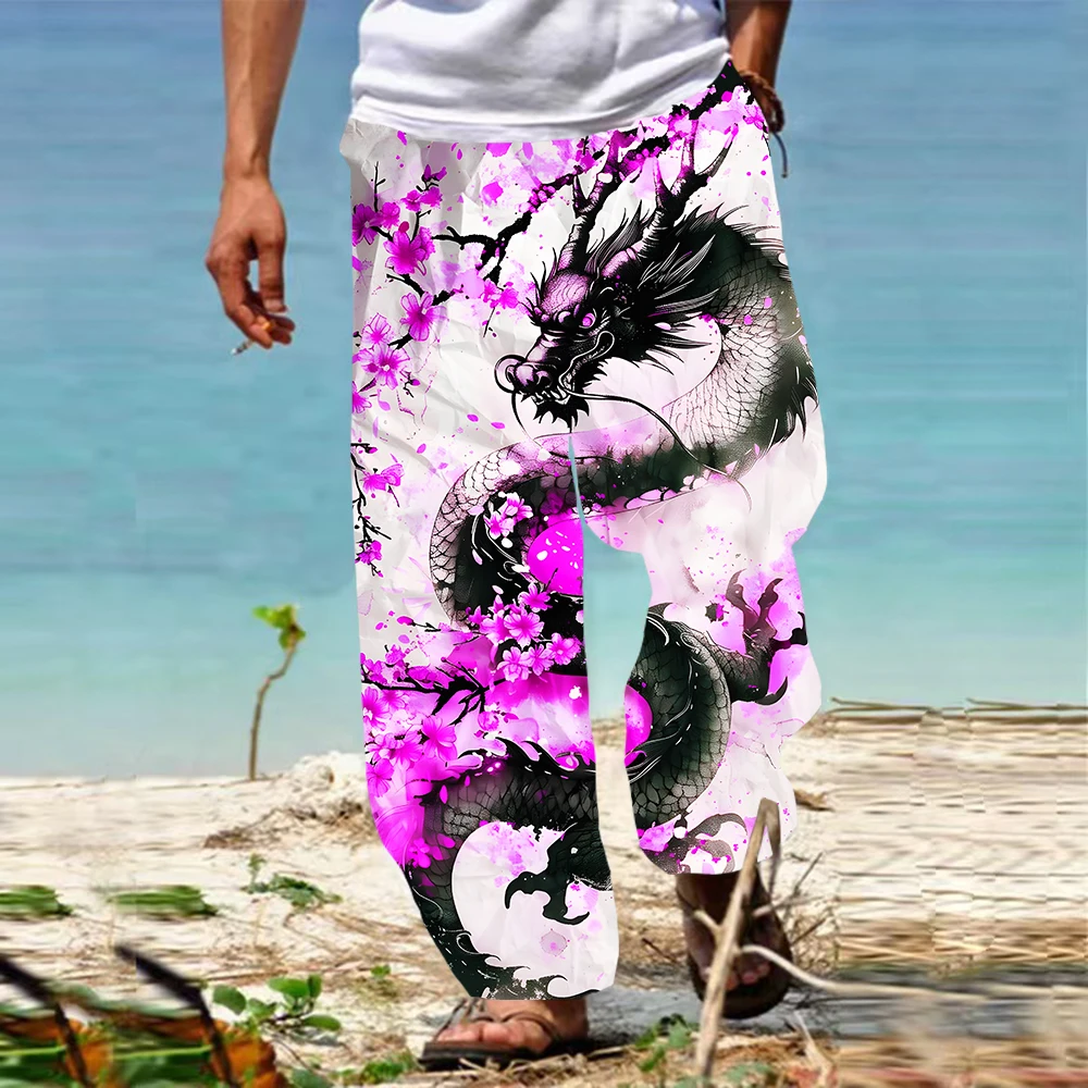 Men's Trousers Dragon Animal Pattern Hawaiian Pants Beach Pants Drawstring Elastic Waist 3D Print Graphic Prints Comfort