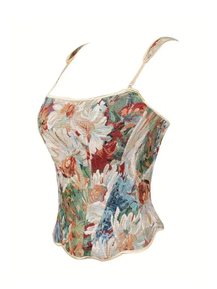 Damen-Korsett im französischen Cottagecore-Stil mit Blumenmuster, Romantisches Bustier-Top mit Zierlichem Print und Schlankmachender Wirkung – Detail 3