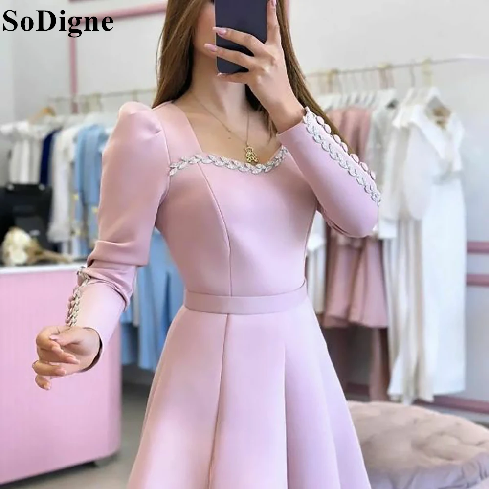 SoDigne Pink Elegant Homecoming Dress A-Line Button Long Sleeves Beading Sequin Pleated 2024 Party Dress for Women Cocktail Gown