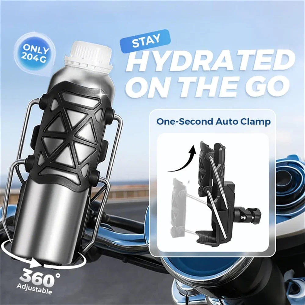 Motorcycle Water Bottle Cage for Handlebar Frame Ebike Motorcycle Cup Holder with Automatic Clamping Tool Bag 360° Rotation Fit