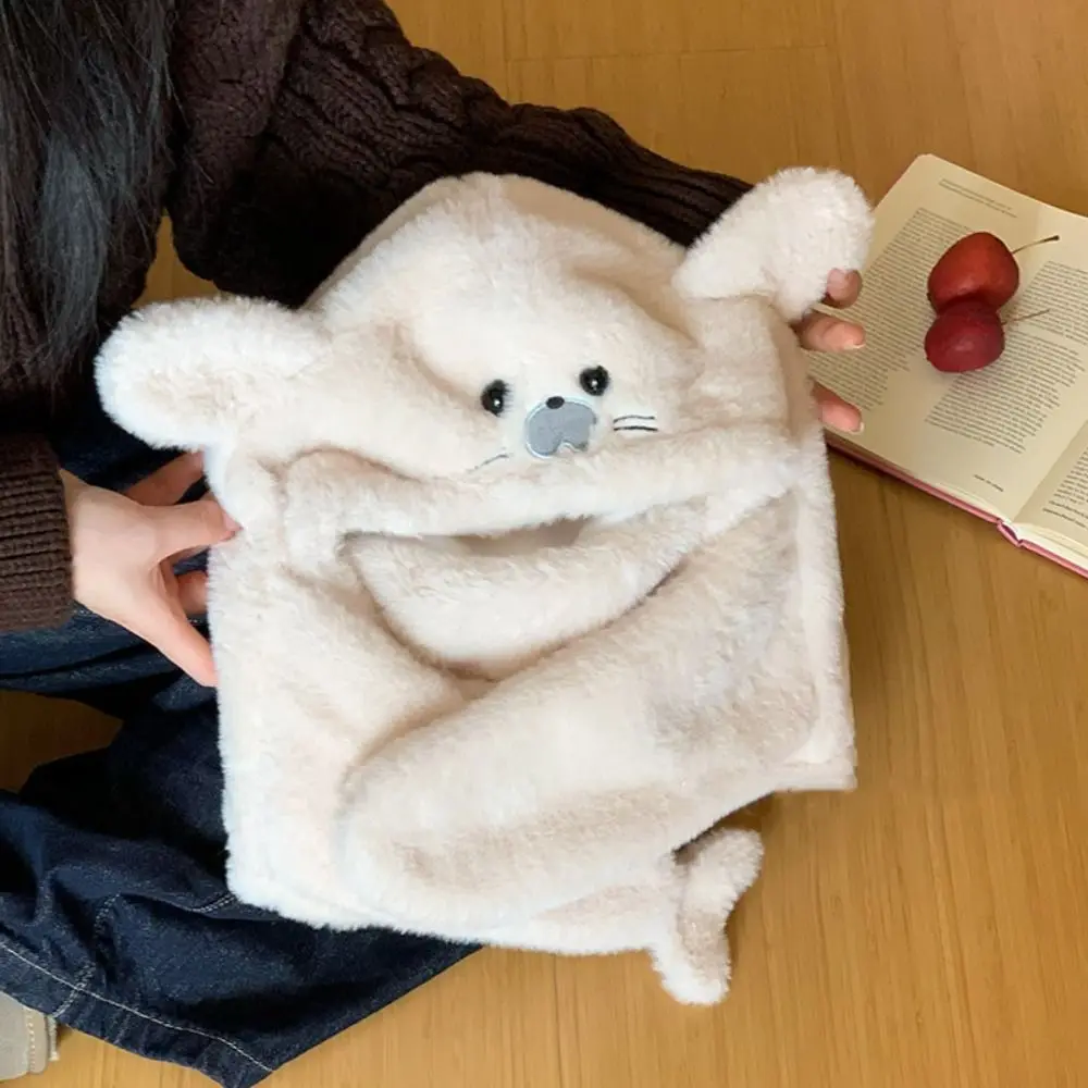 Cute Fleece Seal Hooded Scarf 3 in 1 Cute Earflap Hat Beanie Warm Ear Protection Hat Streetwear