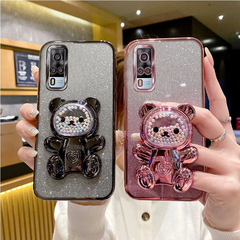 Y 53 Glitter Bling Bear funda de silicona con soporte para teléfono para Vivo Y53 4G VivoVY53 chica mujer soporte contraportada