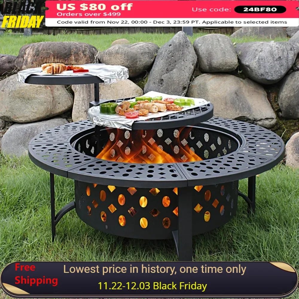 42 Inch Fire Pit Table, 2 Grills, Lid & Poker, BBQ & Outdoor Fires Pits & Round Metal Tables 3 in 1, Wood Burning Fire Pit Table