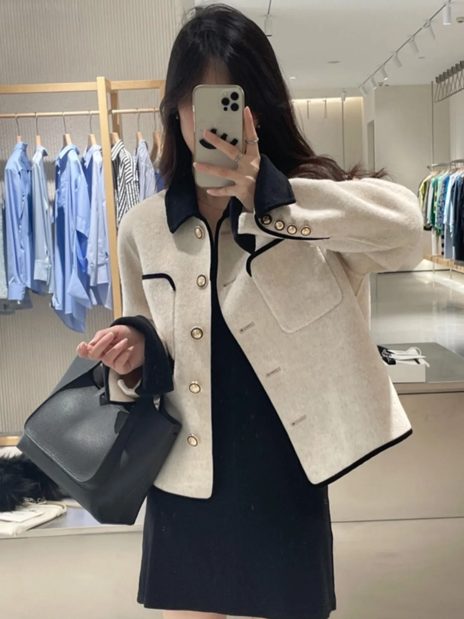 Stylish Color Blocking Wool Overcoat Short Jacket for Women Korean Style Spring Autumn Tweed Doll Top Short Length Coat