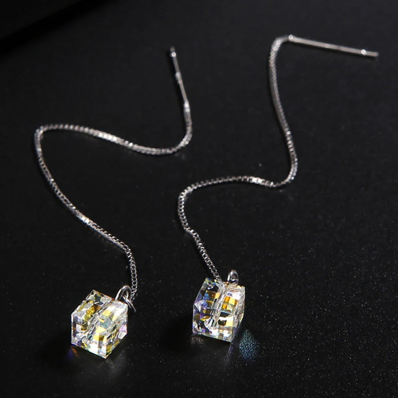 Elegant Sugar Cube Crystal Thread Dangle Drop Earrings for Women Line Trend Korean Fashion Luxury Wedding Party Banquet Jewelry