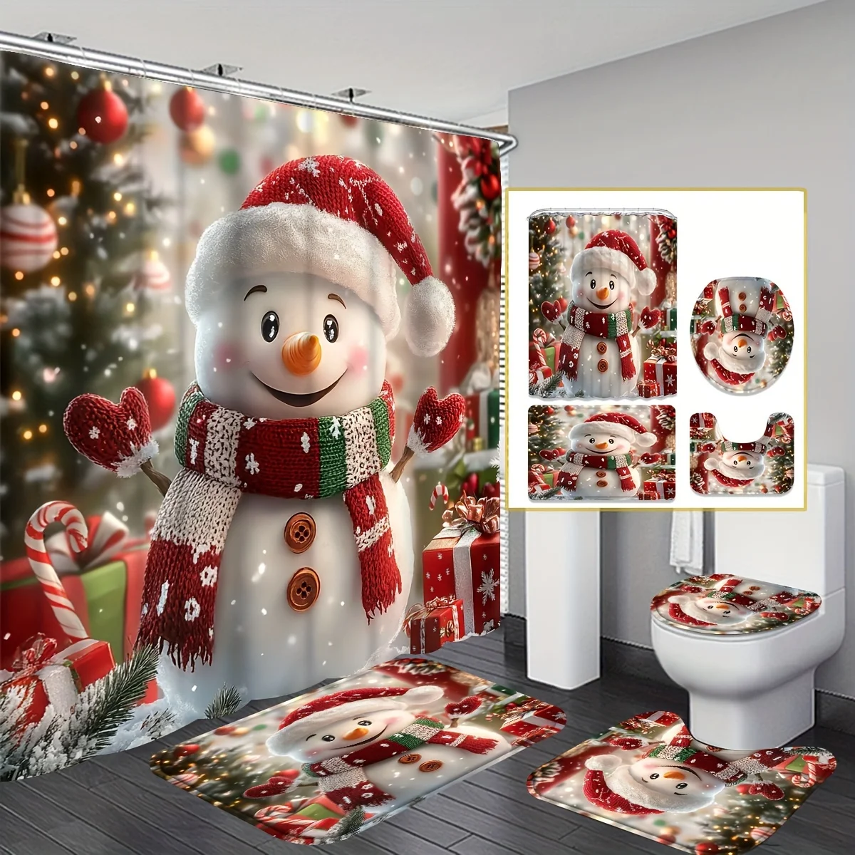 

Christmas Snowman Snowflake Shower Curtain Set with Non-Slip U-Shape Toilet Cover, White Red Theme Cute Bath Mat & 12 Hooks