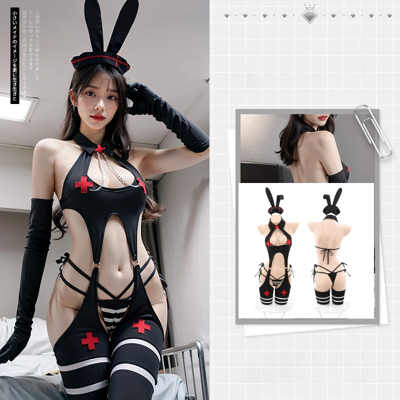 

Женские костюмы для косплея кролика для девочек, черное боди, ажурные пижамы, наряды, сексуальное женское белье, цельные комбинезоны, комплект униформы медсестры