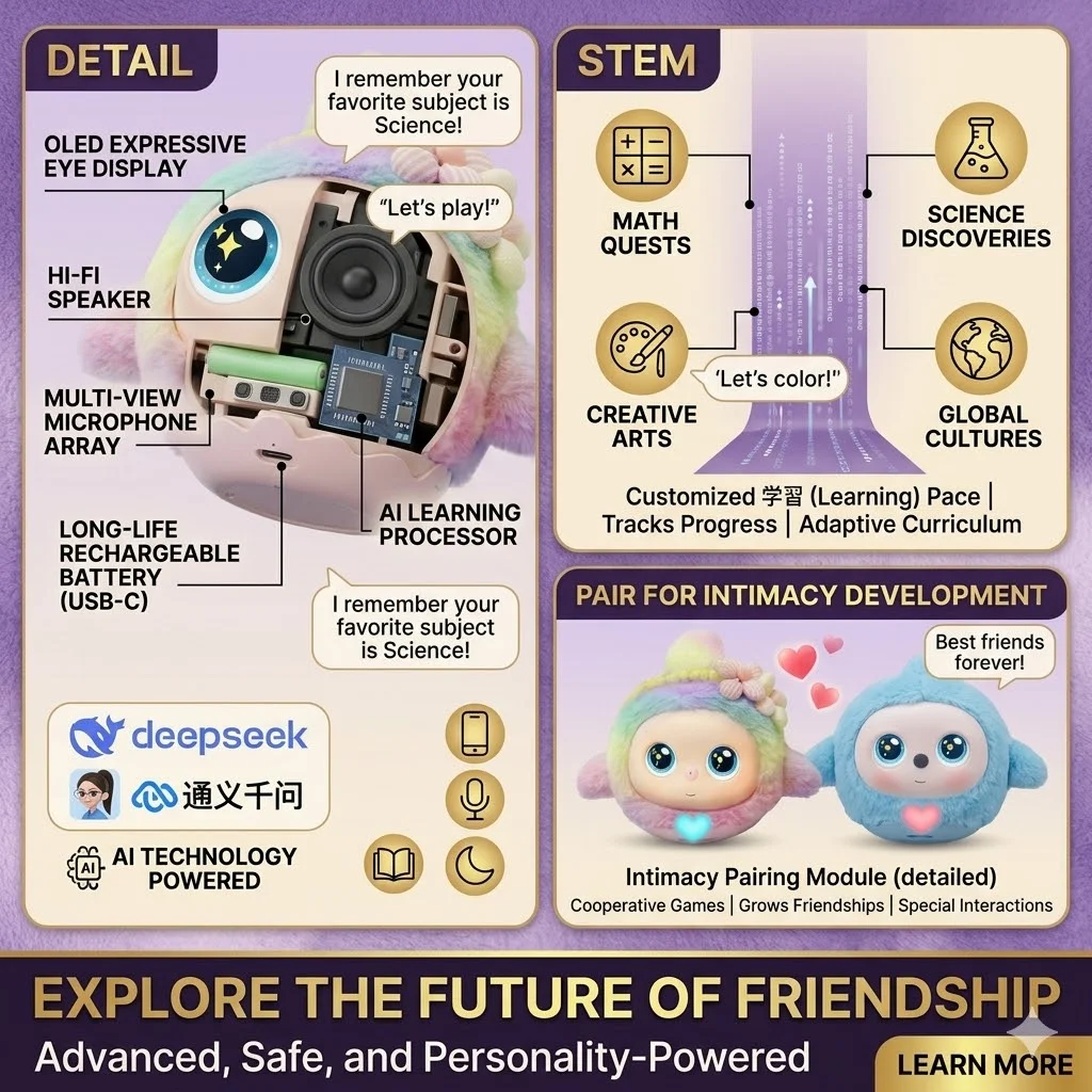 AI Interactive Plushie with True Memory Face Recognition,Intelligent Multi Roleplay Robot,Expressive OLED Eye Interaction