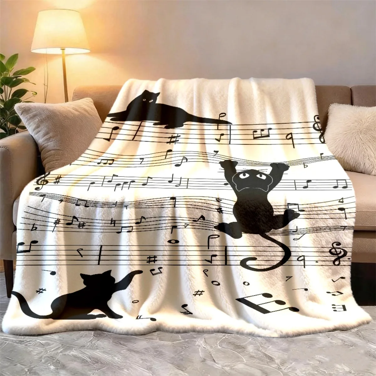 2026 New Arrivals 1pc Soft Flannel Blanket - Black & White Cat Silhouettes with Musical Notes, Cozy Throw for Couch, Bed, Office