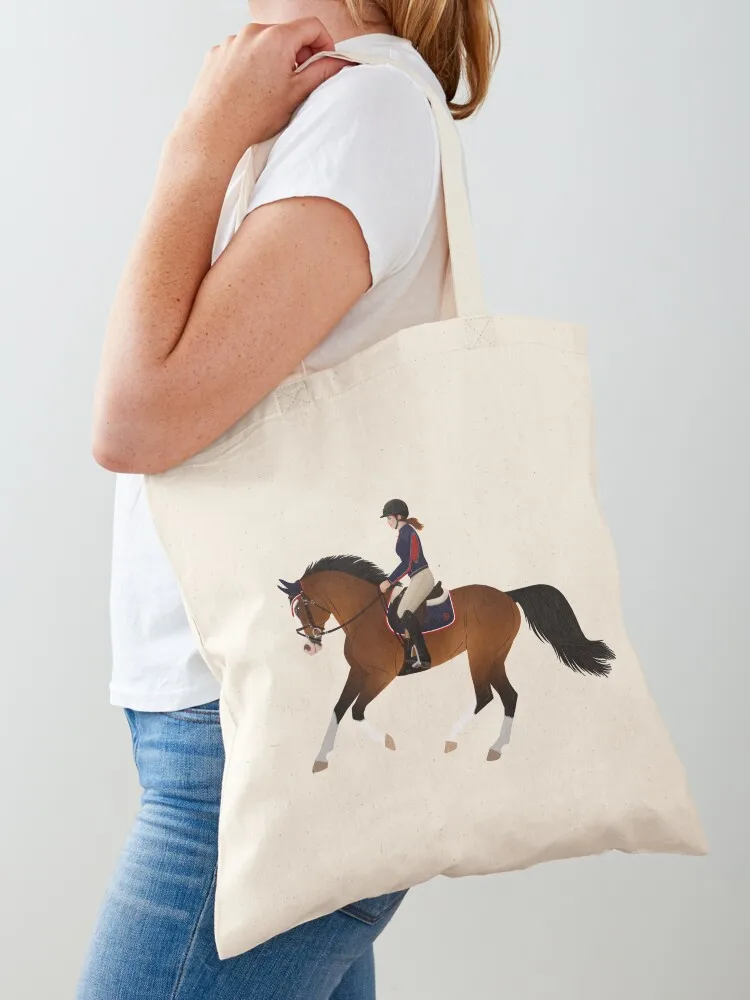 

Bay Dutch Warmblood and Rider - Equine Rampaige Tote Bag reusable shopping bag custom bags hand bag women