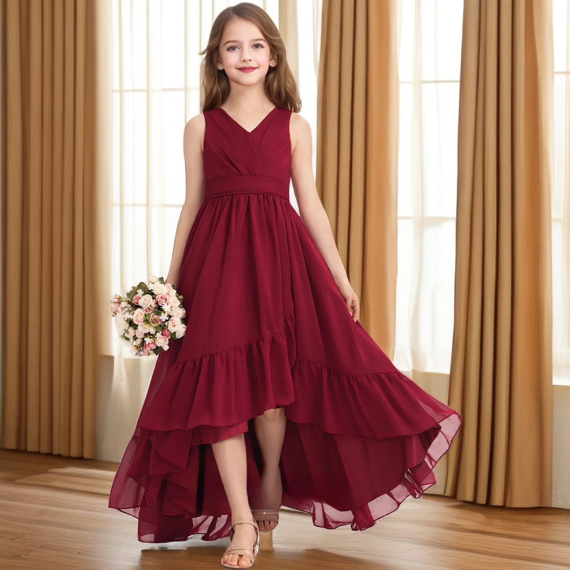 Assymetrical Chiffon Junior Bridesmaid Dress For Children Wedding Ceremony Pageant Show Celebration Graduation Banquet Ball-Gown