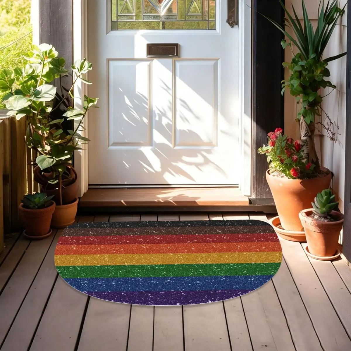 Faux Glitter Rainbow Pride Flag LGBT Gay Lesbian Soft Flannel Half Round Doormat Non Slip Bathroom Mat Absorbent Floor Carpet