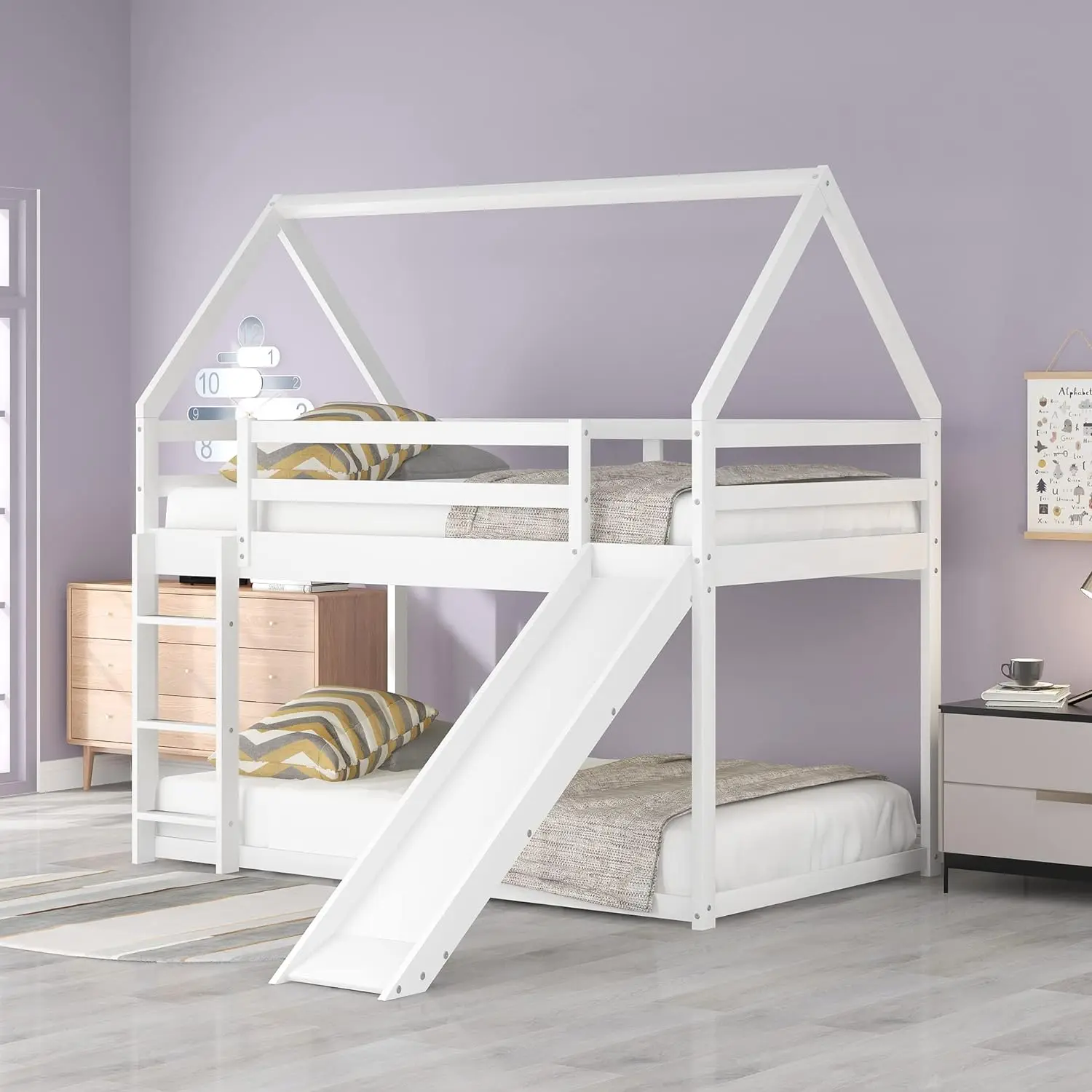 

Twin Over Twin Bunk Bed with Slide, House Shaped Wooden Bunkbeds w/Safety Guardrail and Ladder, No Box Spring Needed for Kids