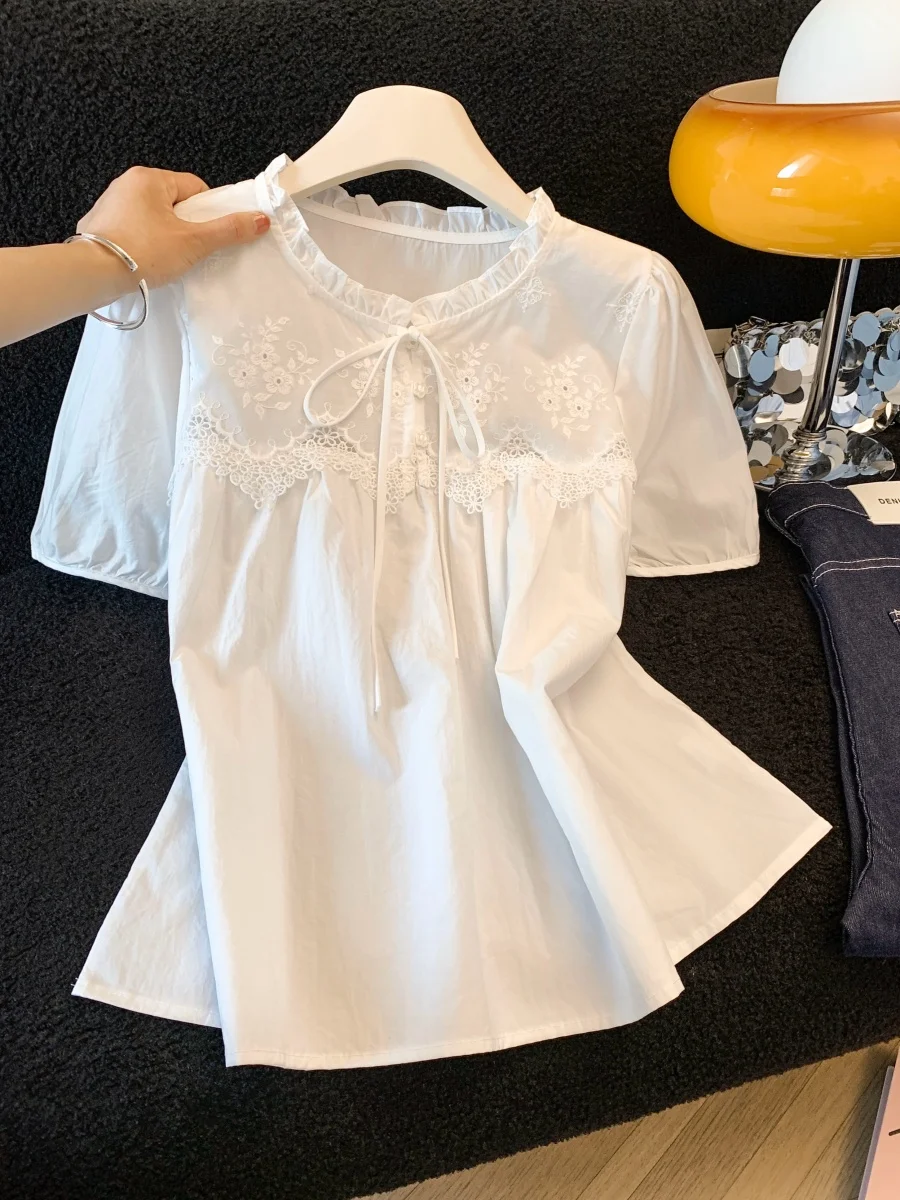 

Женская летняя свободная блузка с коротким рукавом и кружевной отделкой, нежный стиль, с завязками, повседневная, из смесового хлопка, с круглым вырезом