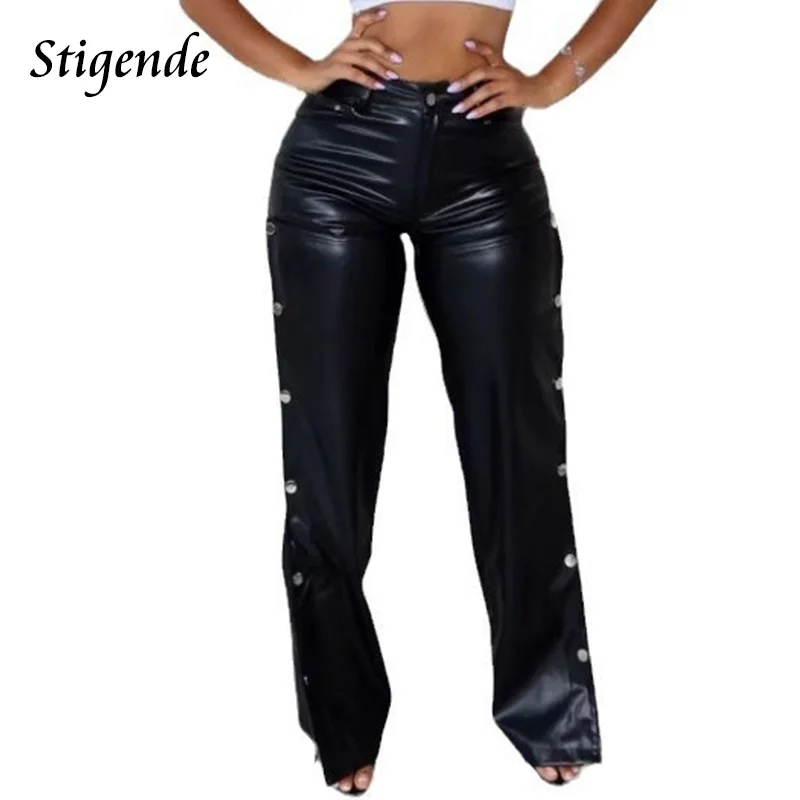 Stigende Side Button Faux Leather Pants Women Sexy Cut Out Straight Pu Pants