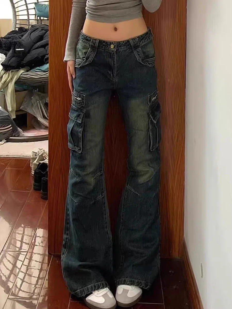 

Американские ретро синие широкие джинсы для спецодежды, женские летние дизайнерские прямые длинные брюки с высокой талией Sensation