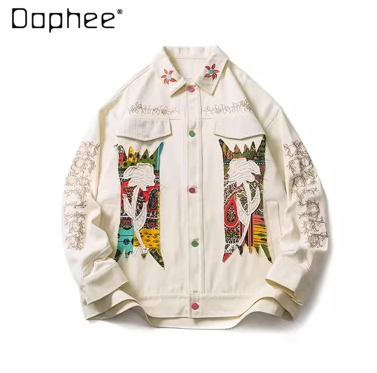 الربيع والخريف النمط الياباني كلية الرياح التصحيح المطرزة البيسبول سترة للرجال البيج فضفاض معطف الدنيم عادية