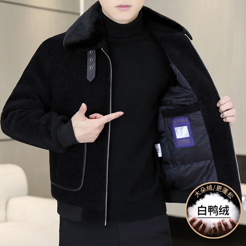 

Высококачественные мужские короткие шерстяные пуховики 2025, зимние теплые белые куртки на утином пуху со съемным меховым воротником, повседневные утепленные парки