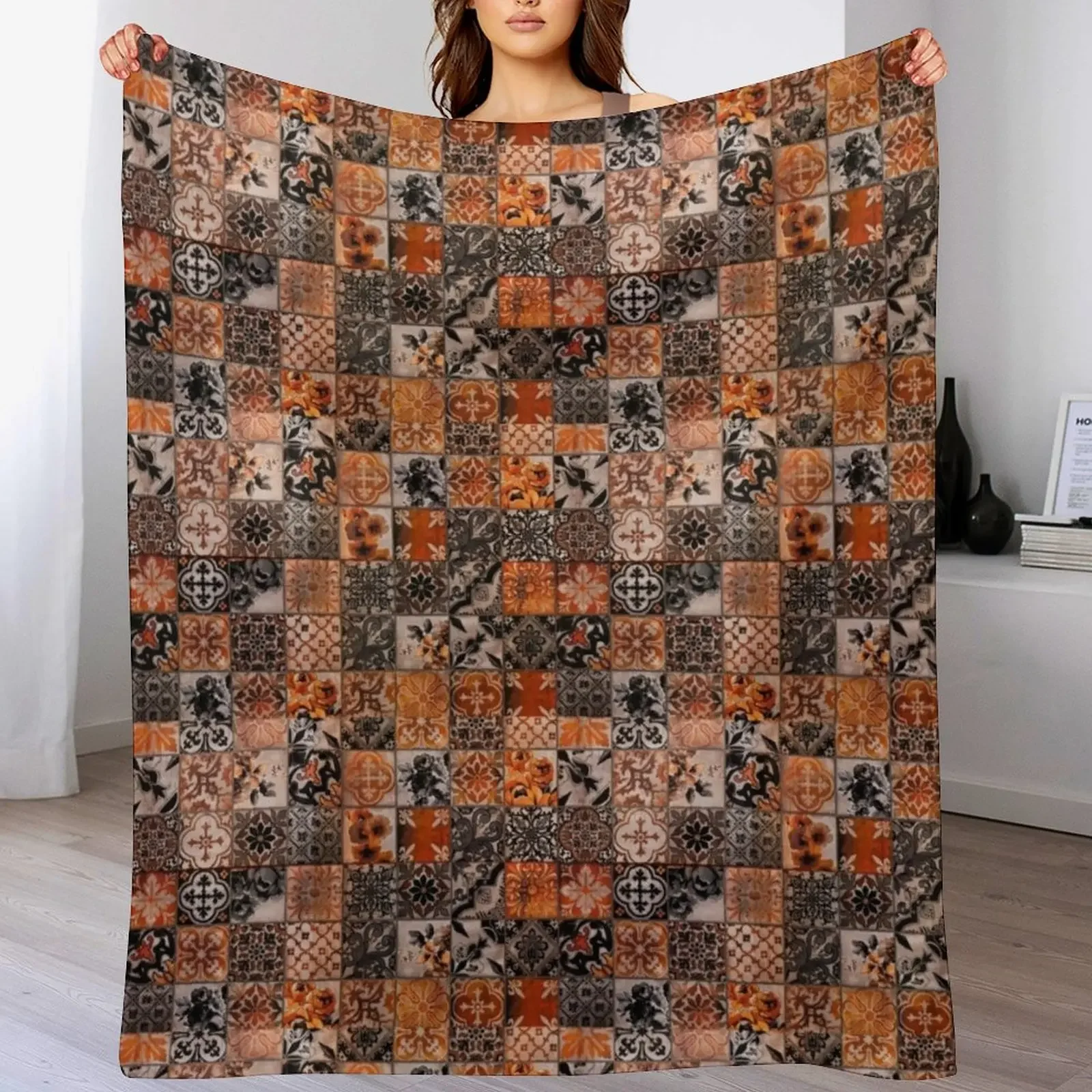 Orange Ornate Throw Blanket Outdoor Soft Blanket for Picnic Beach Camping