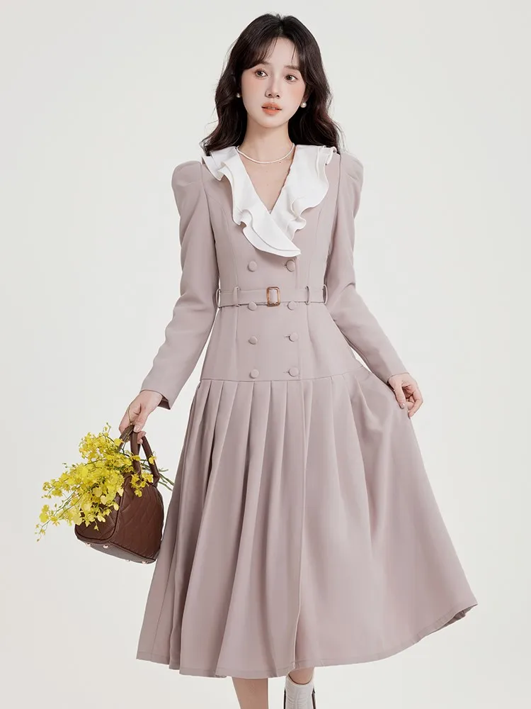 French Elegant Blazer Midi Dress for Women Long Sleeve Ruffles V-neck Double Breasted Slim Waist A-line Pleated With Belt Mujer