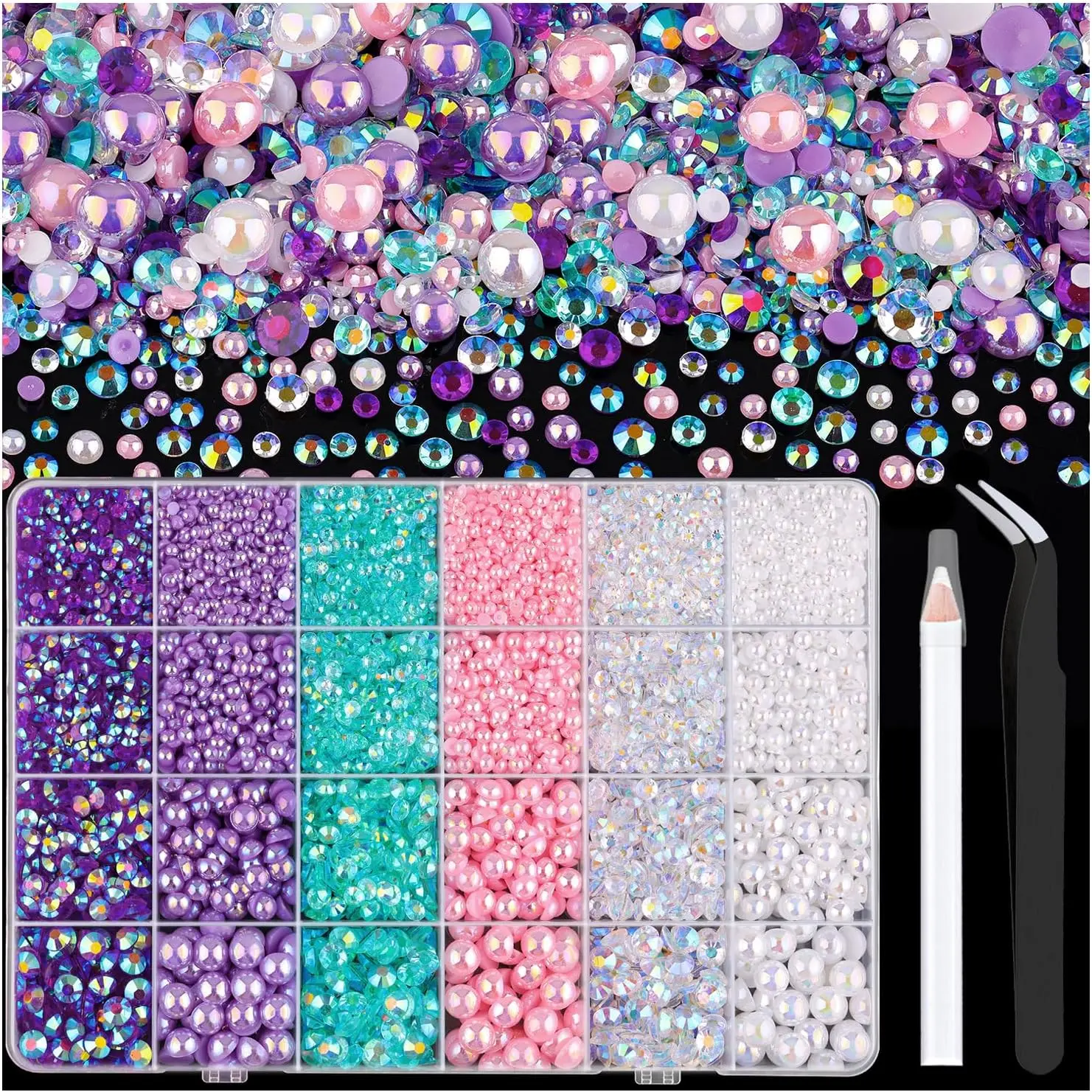 8320PCS flat bottomed resin pearls and rhinestones, purple, pink, white mixed size 3-8mm, used for decoration, nail art, and DIY