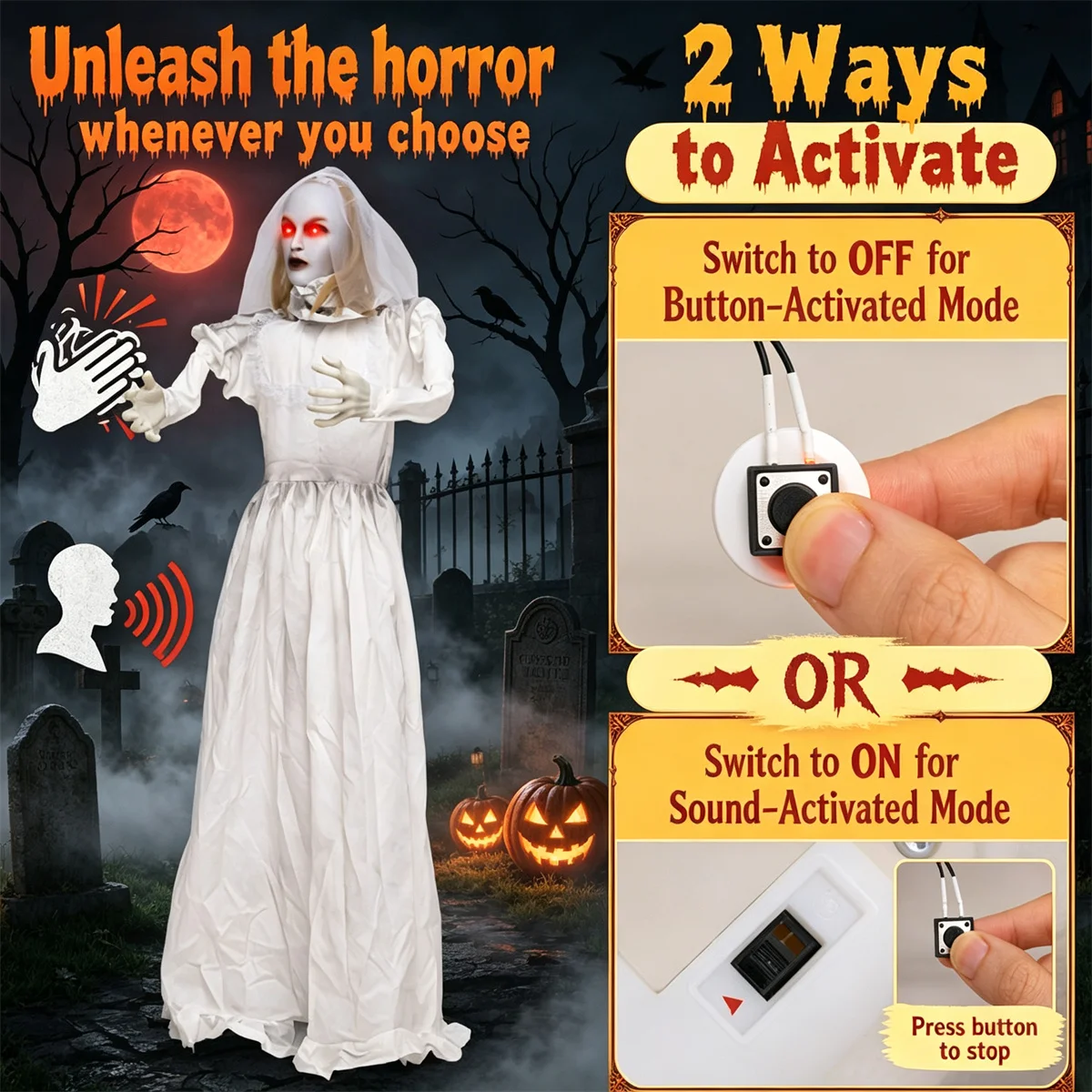 Halloween Animatronic Ghost Bride Prop, 5.6FT Turning Head Beauty to Hag with Red Glowing Eyes Sound & Button Activated for Porch Haunted House Decor