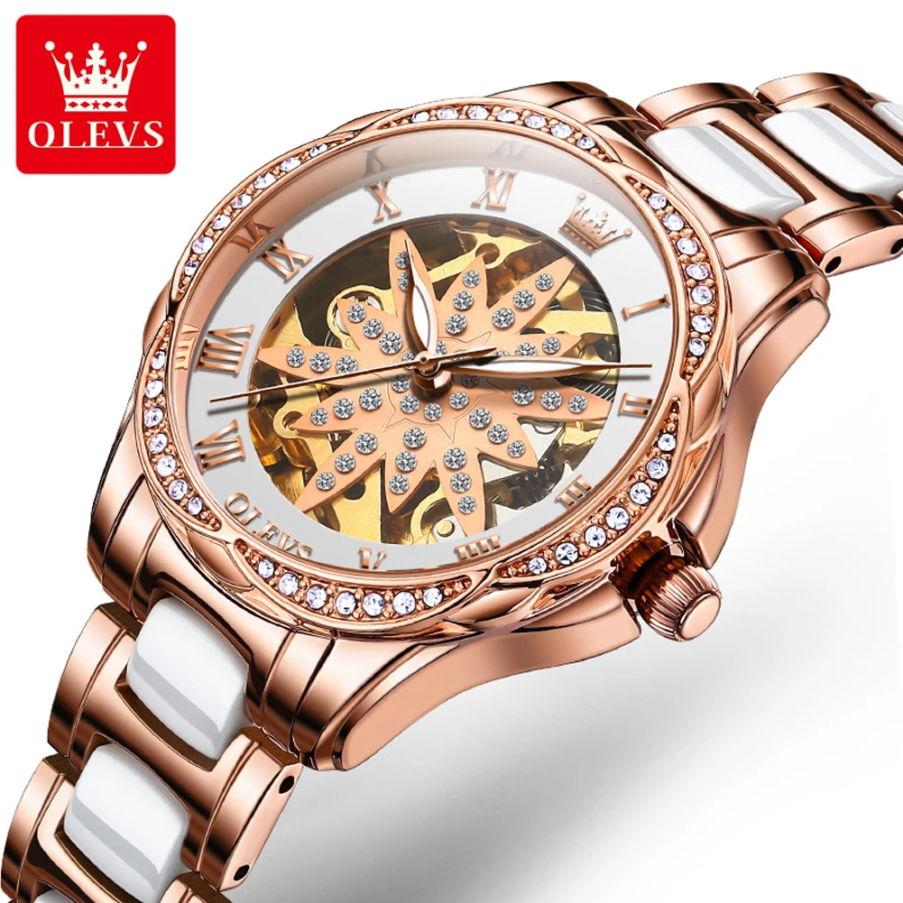 OLEVS 6681 Full Diamond Watch Women Roman Scale Hollow Skeleton Stainless steel Elegant Ceramic Strap Watches Bracelet Set