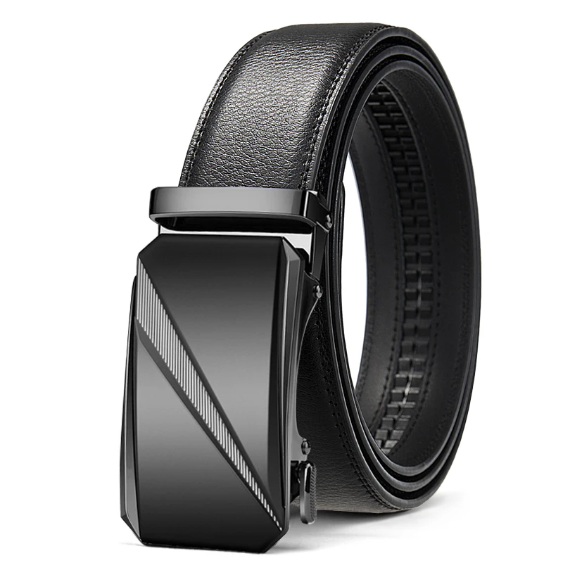 3,5 cm Breite, hochwertiges echtes Leder, Herren-Business-Gürtel, Metall, automatische Schnalle, Ratsche, Schwarz, Braun – Detail 6