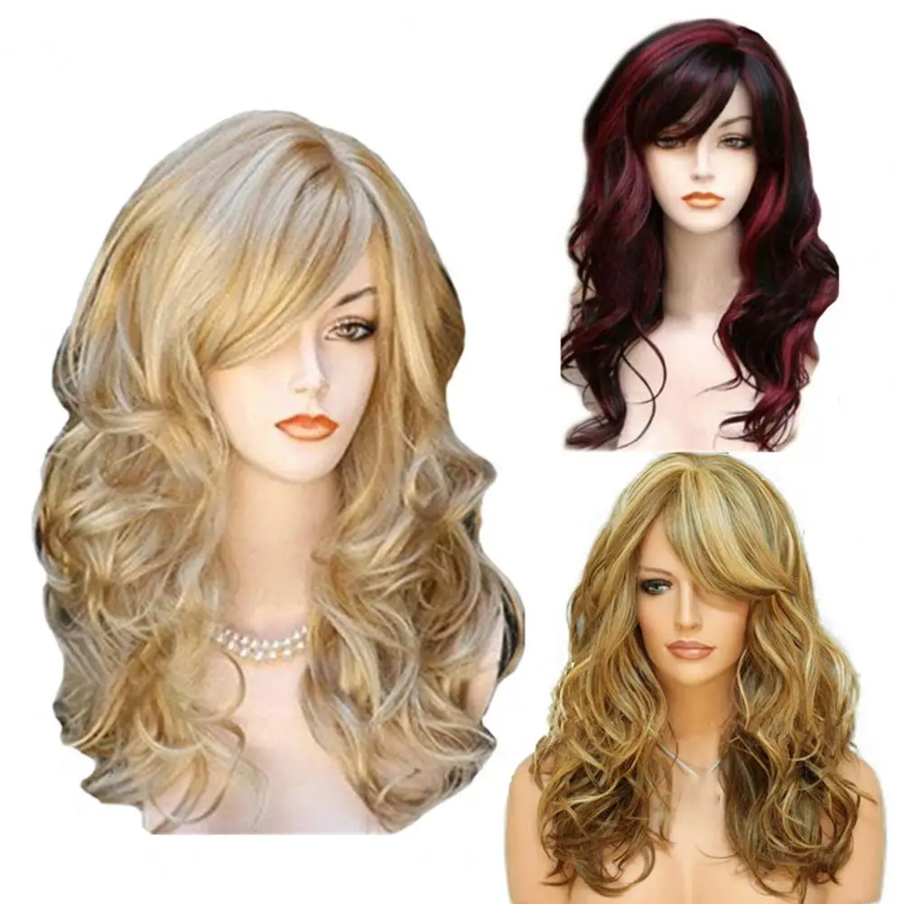 Women Long Curly Wig with Bangs Natural Looking High Temperature Fiber Wig Yellow Wine Red Blonde Wavy Synthetic Hair