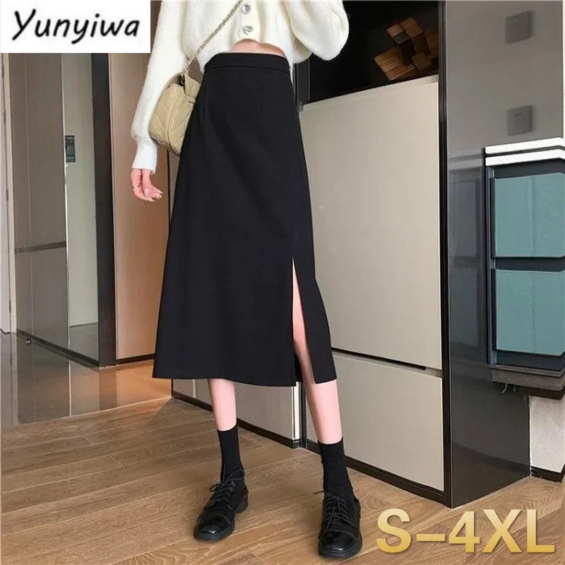 Skirts Women Black Midi Skirt Ladies Stretchy A-line Elegant Simple