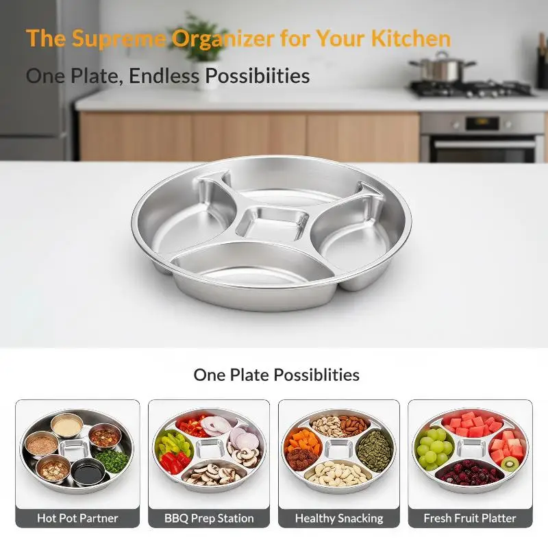 1PC Round Stainless Steel Divided Serving Tray,5-Compartment Stackable Prep Dish For Spices,Condiments,Snacks & Meal Prep