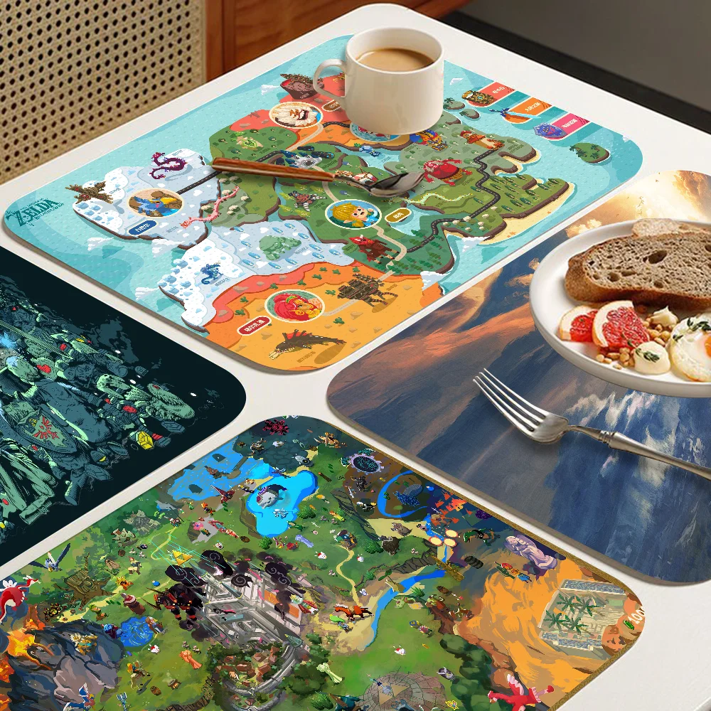 Zelda Map Absorbent Drain Mat Countertop Dry Mats Printed Coffee Machine Draining Pad Kitchen Table Tableware Placemats