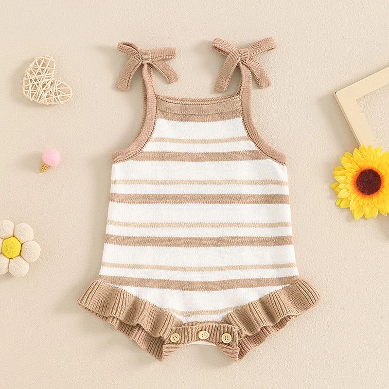 FOCUSNORM 0-18M Lovely Baby Girls Boys Summer Cute Romper Sleeveless Bow Strap Ruffle Striped Ribbed Jumpsuits Playsuit