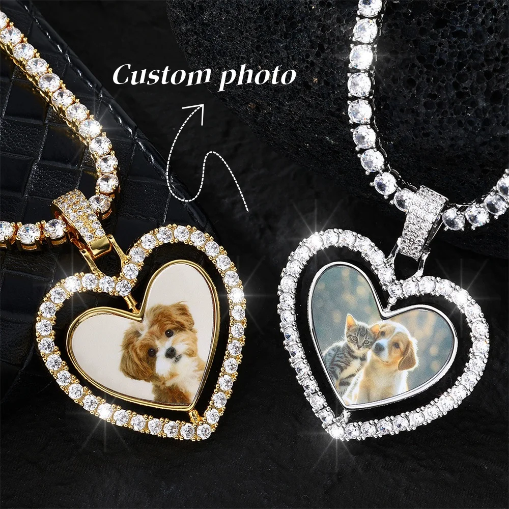 Custom Rotating Double-Sided Heart Love Shape Photo Pendant for Men Women Make Memory Picture Necklace Chain Hip Hop Jewelry