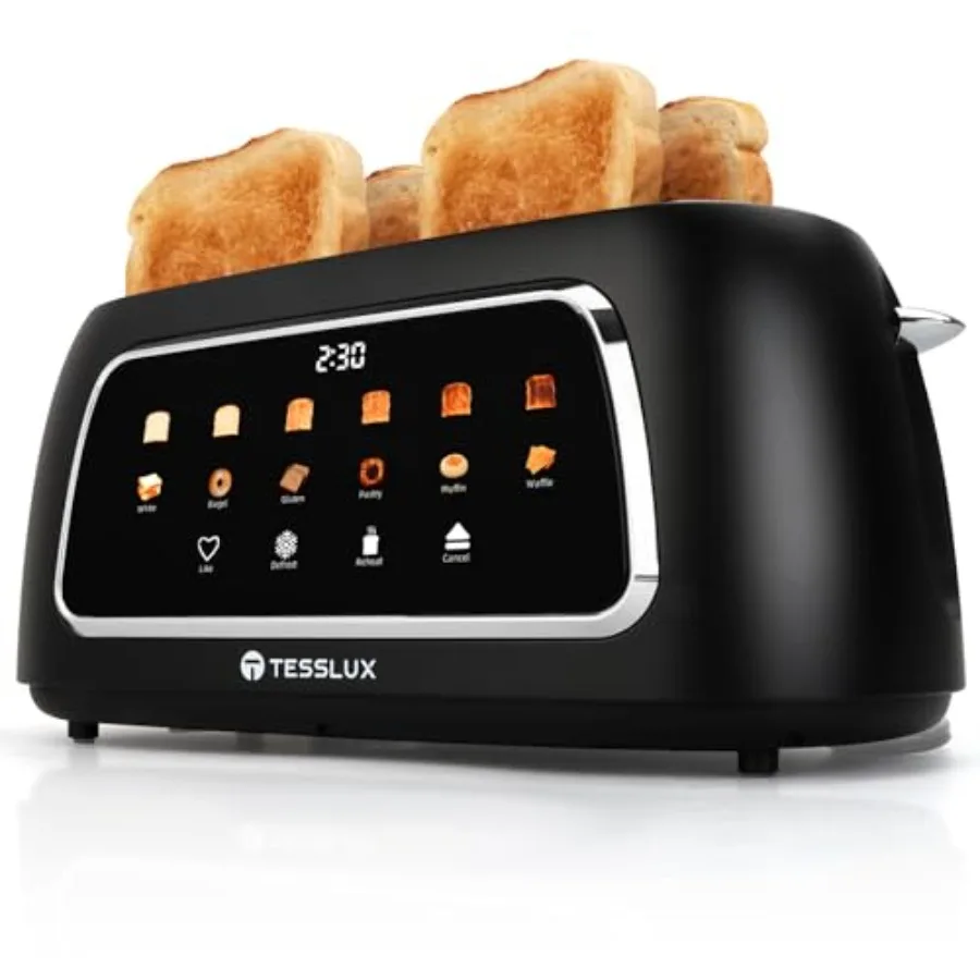 4-Slice Toaster with Touch Screen Control 1.5 Wide Long Slots 6 Browning Levels 6 Bread Types Digital Timer Memory Defrost Rehe