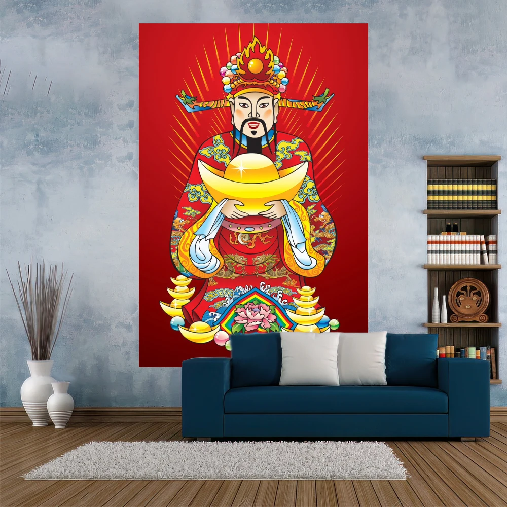 Chinese Wealth God Door God Tapestry Religious Buddha Portrait Printed Room Decor Wall Hanging Blanket Bedroom Backdrop