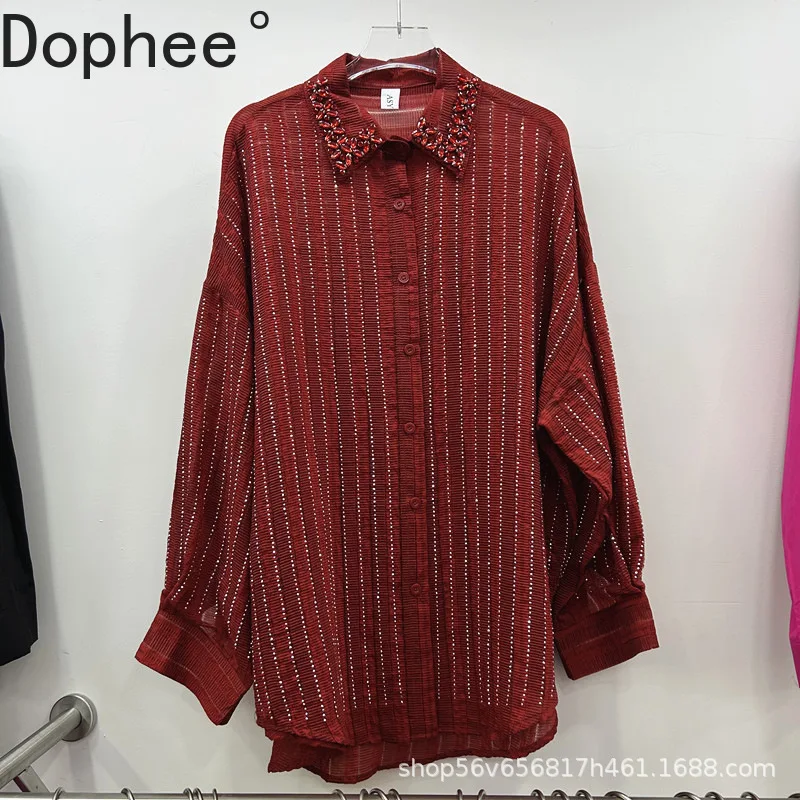 

Новинка 2023 года, осенняя тонкая солнцезащитная рубашка с длинным рукавом и бриллиантами, отложной воротник, свободные кардиганы, топ, универсальные женские блузки