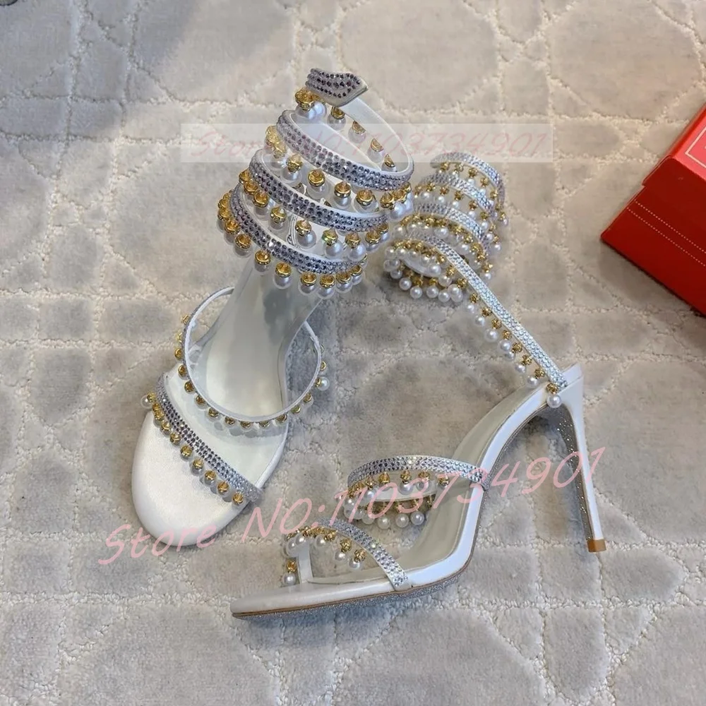 

Pearl Snake Strap Sandals Women Luxury Crystals Round Toe Tassel Platform White Satin High Heels Shoes Lady Wedding Rome Sandals